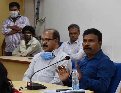 Director of Public Health Telangana G Srinivasa Rao address in during the press meet on COVID_19 at Command Control Centre in Hyderabad on Saturday. (Photo | EPS/S Senbagapandiyan)