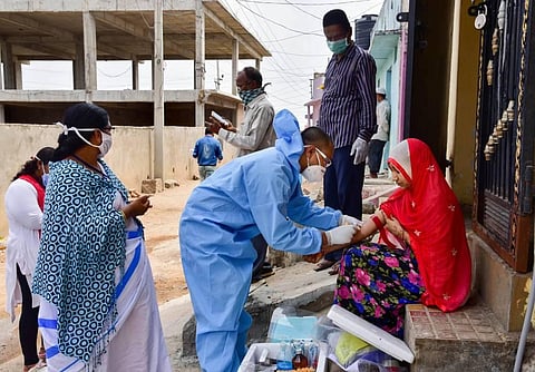 An ICMR team conducts surveillance in the view of COVID-19 outbreak at Balapur in Hyderabad. (Photo | PTI)