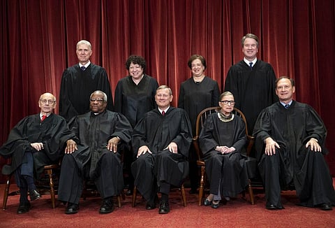 The justices of the U.S. Supreme Court gather for a formal group portrait at the Supreme Court building in Washington. (Photo | AP)