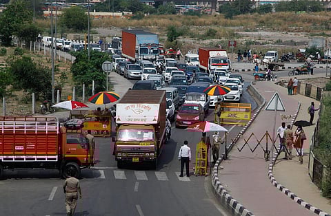 Traffic at Delhi - UP border on the first day of Lockdown 3.0 in Delhi on Monday. (Photo | EPS/Anil Shakya)