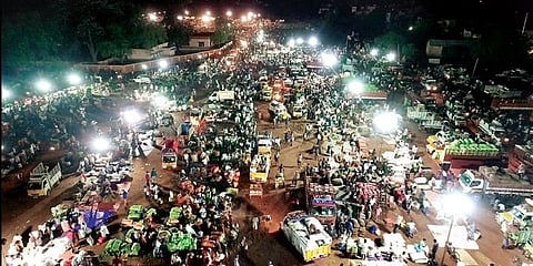 A view of the temporary vegetable market in G-Corner grounds in Tiruchy.  (Photo | Special Arrangement)