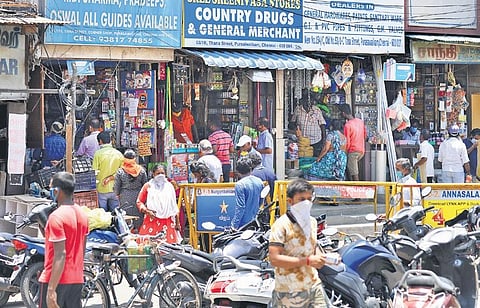Business as usual in Purasaiwalkam in the city on Monday even as the lockdown has been partially eased  | DEBADATTA MALLICK