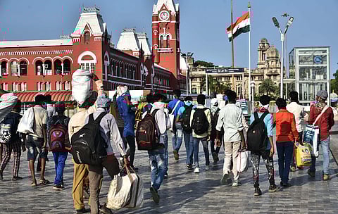 A group of migrant labourers arrive at Central expecting to catch the train on Monday in Chennai. The labourers desparately wait to leave to their rescpective states since the lockdown anounced following COVID - 19. (Photo | P Jawahar/EPS)