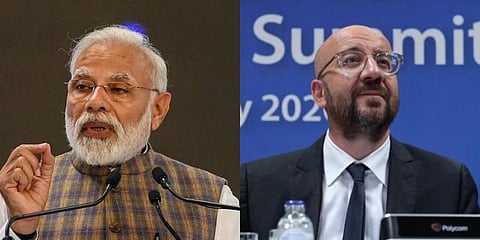 PM Narendra Modi and President of the European Council Charles Michel. (Photo | PTI, Twitter)