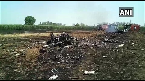 Remains of crashed Mig-29 aircraft near Jalandhar. (Photo | ANI Twitter)