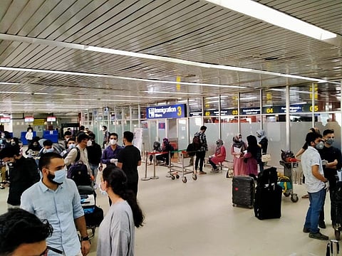 First Batch of Indian Students have arrived at airport for boarding #AirIndia flight home to India. (Photo | Twitter/@ihcdhaka)