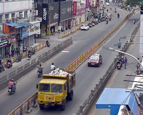 Traffic movement at Usman Road in Chennai's T Nagar during lockdown on Friday. (Photo | Martin Louis/EPS)