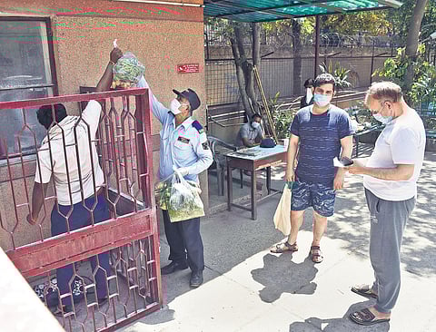 Mansara Apartment in Vasundhara Enclave (above) and Mayurdhwaj Apartment in IP Extension were declared containment zones. All movements in these areas were barred (Photo | EPS)