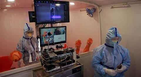 A CRPF bus designed as a Corona Ambulance and mobile test unit is inaugurated in New Delhi on Monday. (Photo | Shekhar Yadav, EPS)