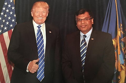 Prominent Indian-American aerospace and defence expert Vivek Lall with US President Donald Trump (Photo | Facebook)