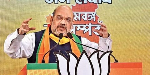 Union Home Minister Amit Shah addresses the ‘West Bengal Jan Samwad’ rally via video conferencing on Tuesday. (Photo | PTI)