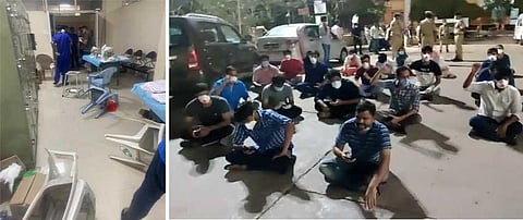 (Left) Doctors protesting at Gandhi Hospital (right) Covid patient’s attendants vandalise the Gandhi Hospital on Tuesday.