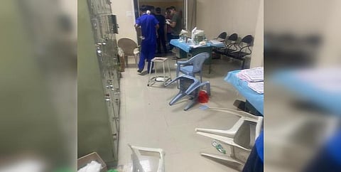 A COVID-19 patient's attendants  vandalise the Gandhi  Hospital on Tuesday. (Photo| EPS)