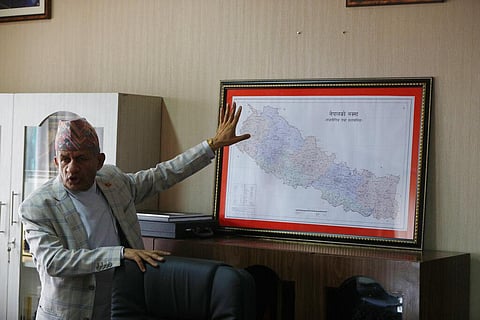 Nepal’s foreign minister Pradeep Gyawali points to a map of Nepal during an interview with the Associated Press in Kathmandu, Nepal, Tuesday, June 9, 2020. (Photo | AP)