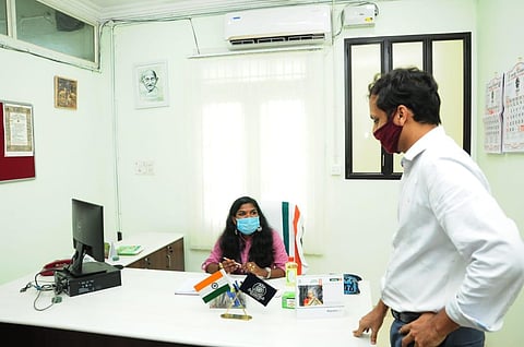 Sreedhanya Suresh, after assuming charge as Assistant Collector with District Collector S Sambasiva Rao at Kozhikode district collectorate on Thursday