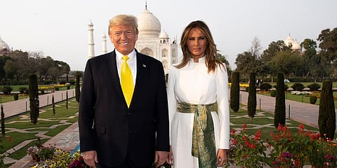 US President Donald Trump, with first lady Melania Trump, pause as they tour the Taj Mahal. (Photo | AP)