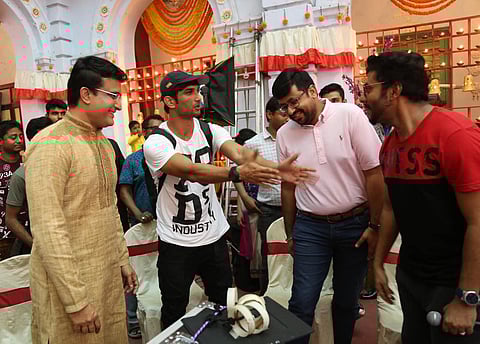 Sushant Singh Rajput with former Indian skipper Sourav Ganguly (left) and Bengali film director Raj Chakroborty (extreme right). (Photo | Facebook)