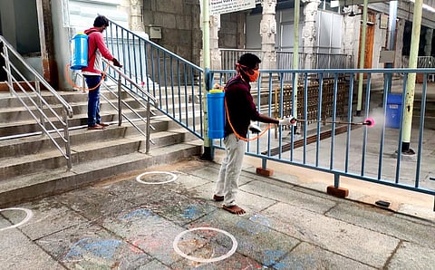 Sri Swayambhu Varasiddhi Vinayaka Swamy temple being disinfected after a home guard posted there tested positive for coronavirus (Photo | EPS)