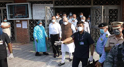 Union Home minister Amit Shah visits LNJP hospital to review Covid-19 preparedness in New Delhi. (Shekhar Yadav, EPS)