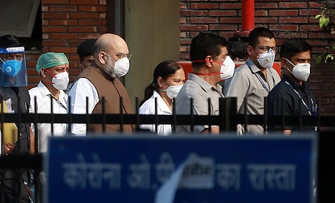 Union Home minister Amit Shah visits LNJP hospital to review Covid-19 preparedness in New Delhi. (Photo | Shekhar Yadav, EPS)
