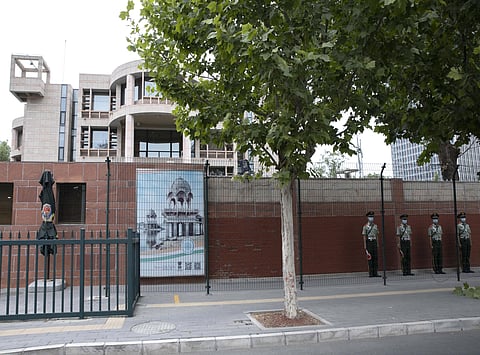Chinese paramilitary policemen stand guard outside the Indian embassy in Beijing Wednesday June 17 2020. (Photo | AP)