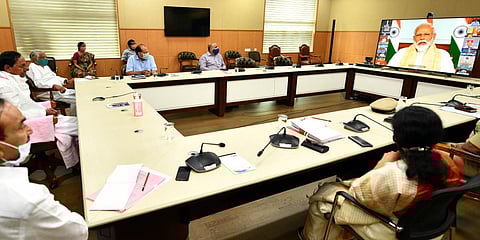 Telangana CM K Chandrasekhar Rao participating in the video conference conducted by PM Narendra Modi on Wednesday. (Photo| EPS)