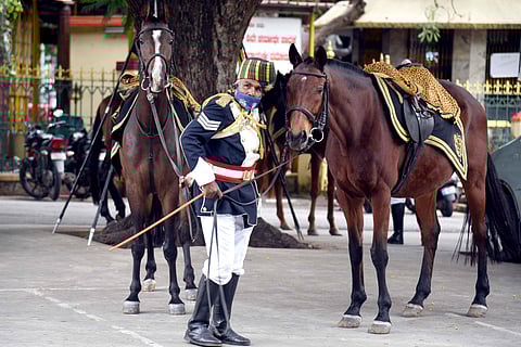 A mounted police personnel takes part in a Mask Day rally organised by the state government in Bengaluru. (Photo | Nagaraja Gadekal, EPS)