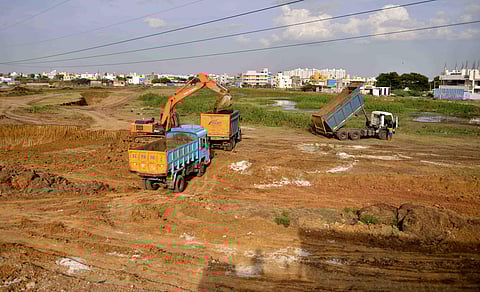 Rejuvenation works of Madhanankuppam Pond at Ambattur. (Photo | Debadatta Mallick, EPS)