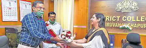 Navjot Khosa assuming charge as the district collector of Thiruvananthapuram on Monday. Outgoing collector K Gopalakrishnan was also present.