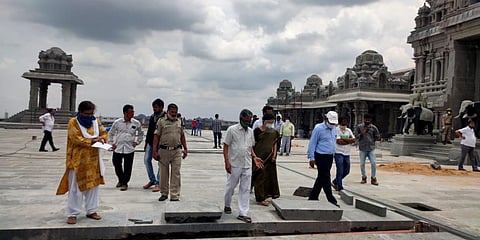 The water leakage found at Panchatala Rajagopuram, Addhala Mandapam, Astabuji, and Prakara Mandapam at the Sri Lakshmi Narasimha Swamy temple. (Photo| EPS)