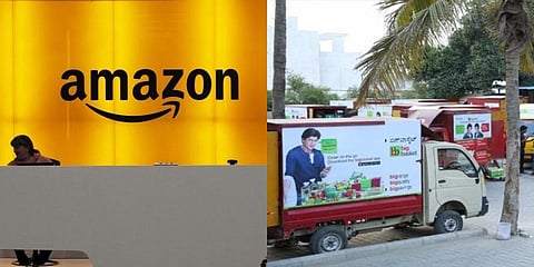 (Left) Amazon office, (Right) Big Basket delivery vehicles (Photos | PTI, Big Basket official website)
