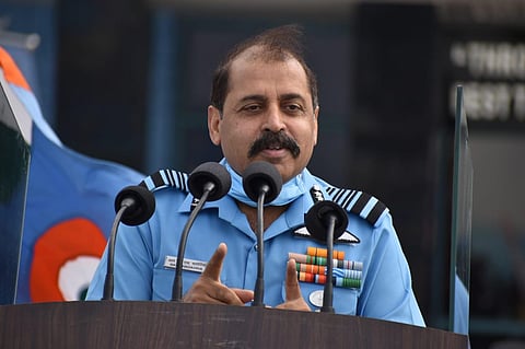 Indian Air Force chief Rakesh Kumar Singh Bhadauria addressing during press meet at Air Force Academy, Dundigul in Hyderabad on Saturday.  (Photo | S Sebagapandiyan/EPS)