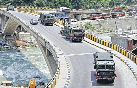 An army convoy moves on Manali-Leh highway. India is bolstering its forces in Ladakh in the wake of China’s aggressiveness | Pti