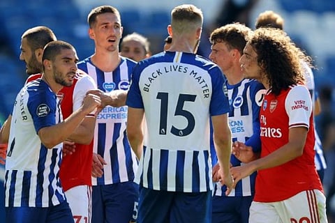 Arsenal's French midfielder Matteo Guendouzi (R) challenges Brighton's French striker Neal Maupay after the English Premier League football match between Brighton and Hove Albion and Arsenal. (Photo | AFP)