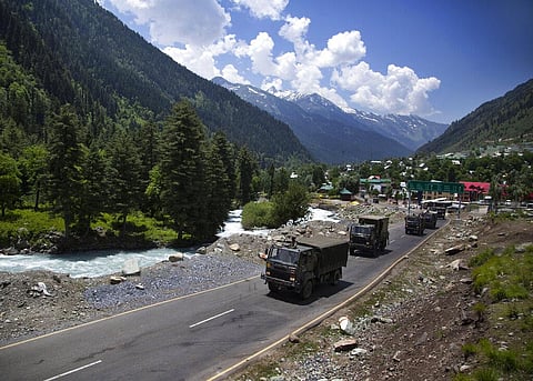 An Indian army convoy moves on the Srinagar- Ladakh highway at Gagangeer, northeast of Srinagar, India, Wednesday, June 17, 2020. (Photo | AP)