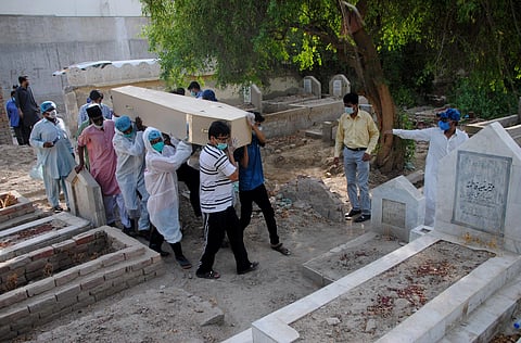 In this Jan. 6, 2020 file photo, rescue workers and family members carry the casket of Khursheed Bibi, who died due to coronavirus, for her burial at a cemetery in Hyderabad, Pakistan. (Photo | AP)