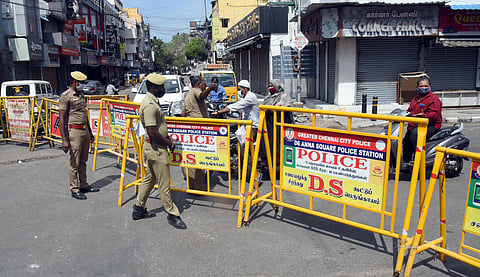 A junction near Quaide Millath salai in Triplicane closed for traffic by placing barricades as a precautionary measure to prevent the spread of COVID-19. (Photo | Martin Louis/EPS)