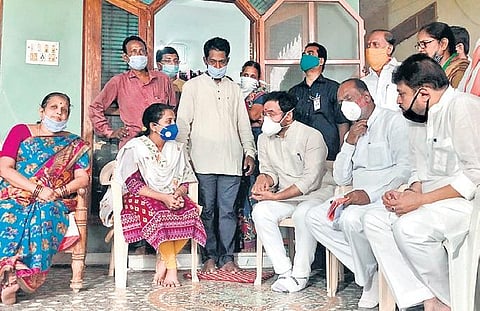 Union Minister of State for Home Affairs G Kishan Reddy interacts with the family members of martyred Colonel B Santosh Babu in Suryapet on Sunday