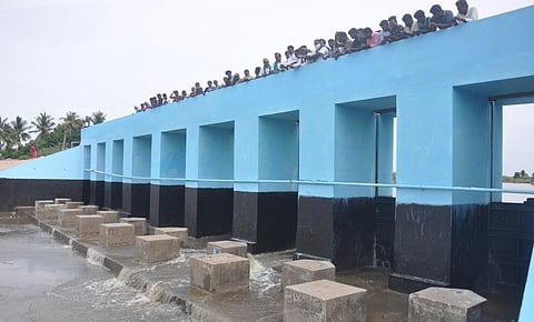 Nagapattinam, Tamil Nadu: Farmers, farm workers and public welcoming the flow of Vennaru waters from Pandavaiyaru regulator in Erayankudi in Keezhaiyur block on Sunday. (Photo | EPS)