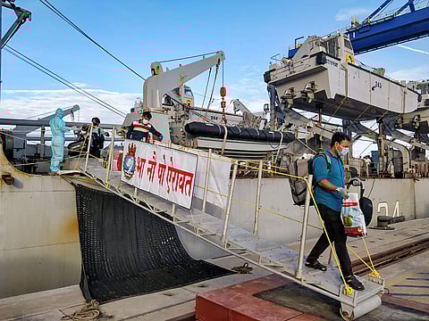 INS Airavat deployed by the Indian Navy for 'Operation Samudra Setu' arrive at Tuticorin harbour with 198 Indian nationals embarked from Male Tuesday June 23 2020. (Photo | PTI)