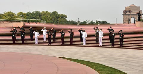 The coursemates honouring Galwan Valley martyr Colonel Santosh Babu at the National War Memorial (Photo | EPS)