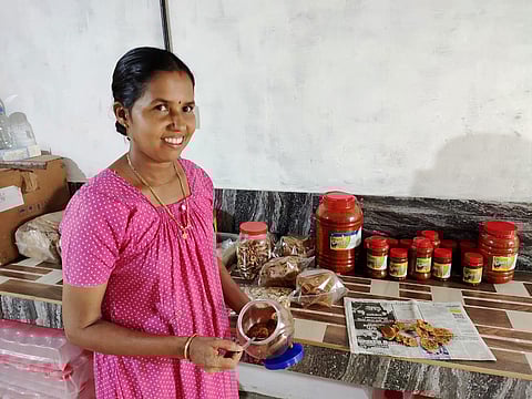 Tireless farmer-entrepreneur: K Kusumavathy at her workplace where is makes everything from pickles to papad, at Cherupanathady in Panathady panchayat of Kasaragod district in Kerala.. (Photo | Express)