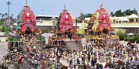 Chariots of Lord Balabhadra, Subhadra and Jagannath before a procession towards the Gundicha temple during the Rath Yatra festival, amid the ongoing coronavirus pandemic, in Puri. (Photo | PTI)