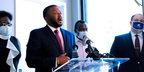 Marc Brown, who is representing Sir Brandon Legette in a lawsuit against the Columbia Police Department, talks to reporters in Columbia