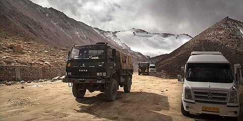 An Indian Army truck crosses Chang la pass near Pangong Lake in Ladakh region. (Photo | AP)