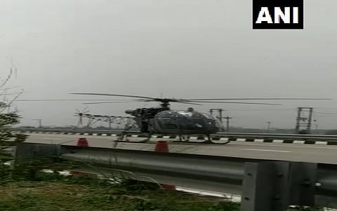 The chopper made the landing on the KGP or the Eastern Peripheral Expressway. (Photo | ANI Twitter)