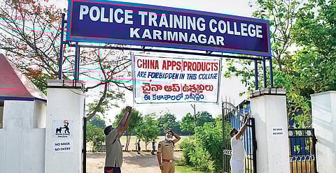 A banner at the entrance of the Police Training College in Karimnagar reads, ‘China apps/products are forbidden in this college’