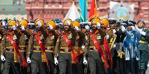 Solders of Indian Armed Forces were seen marching with units of Russia's other allies during the traditional massive Red Square military parade in Moscow, which was delayed by more than a month because of the invisible enemy of coronavirus. (Photo | AP)