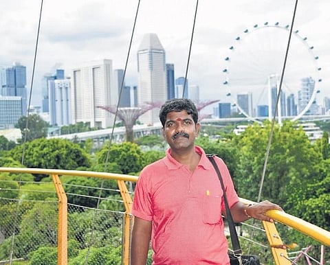 Thanigavel in Singapore, his first journey abroad, in 2019.
