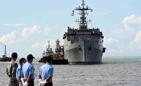 INS Jalashwa entering V O Chidambaranar Port on Tuesday morning. (Photo| V Karthikalagu)